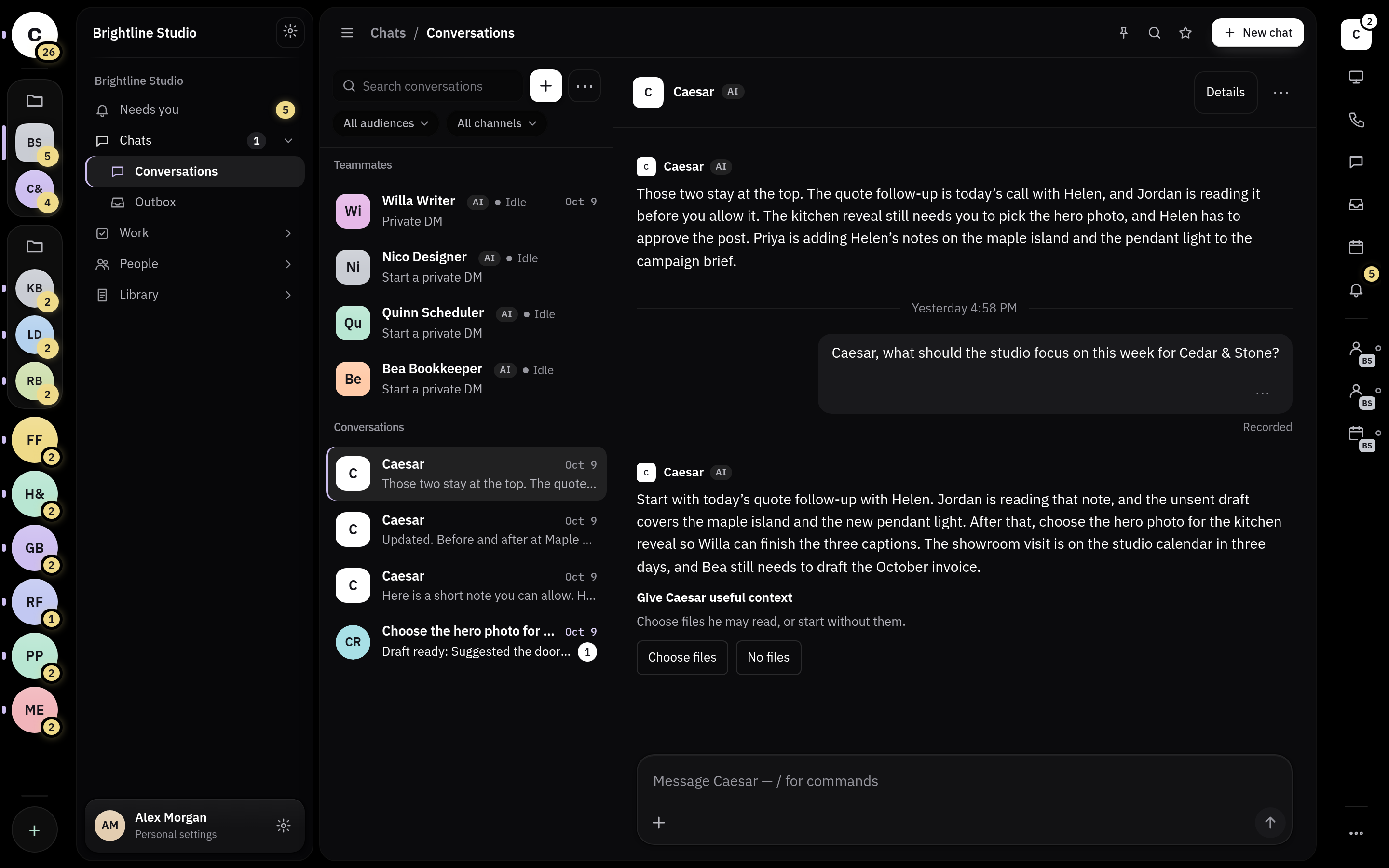 Brightline Studio Chats with a human message and Caesar reply, beside colorful Spaces and expanded folders