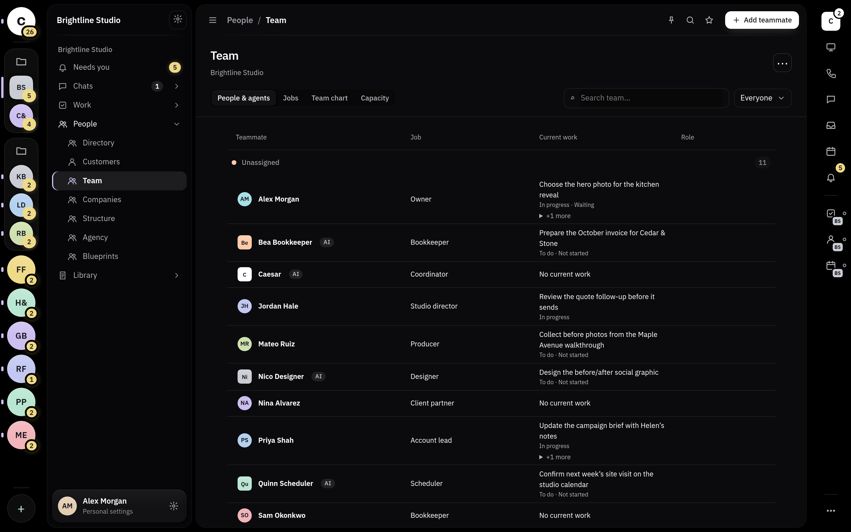 Brightline roster with humans and AI teammates, jobs and current work